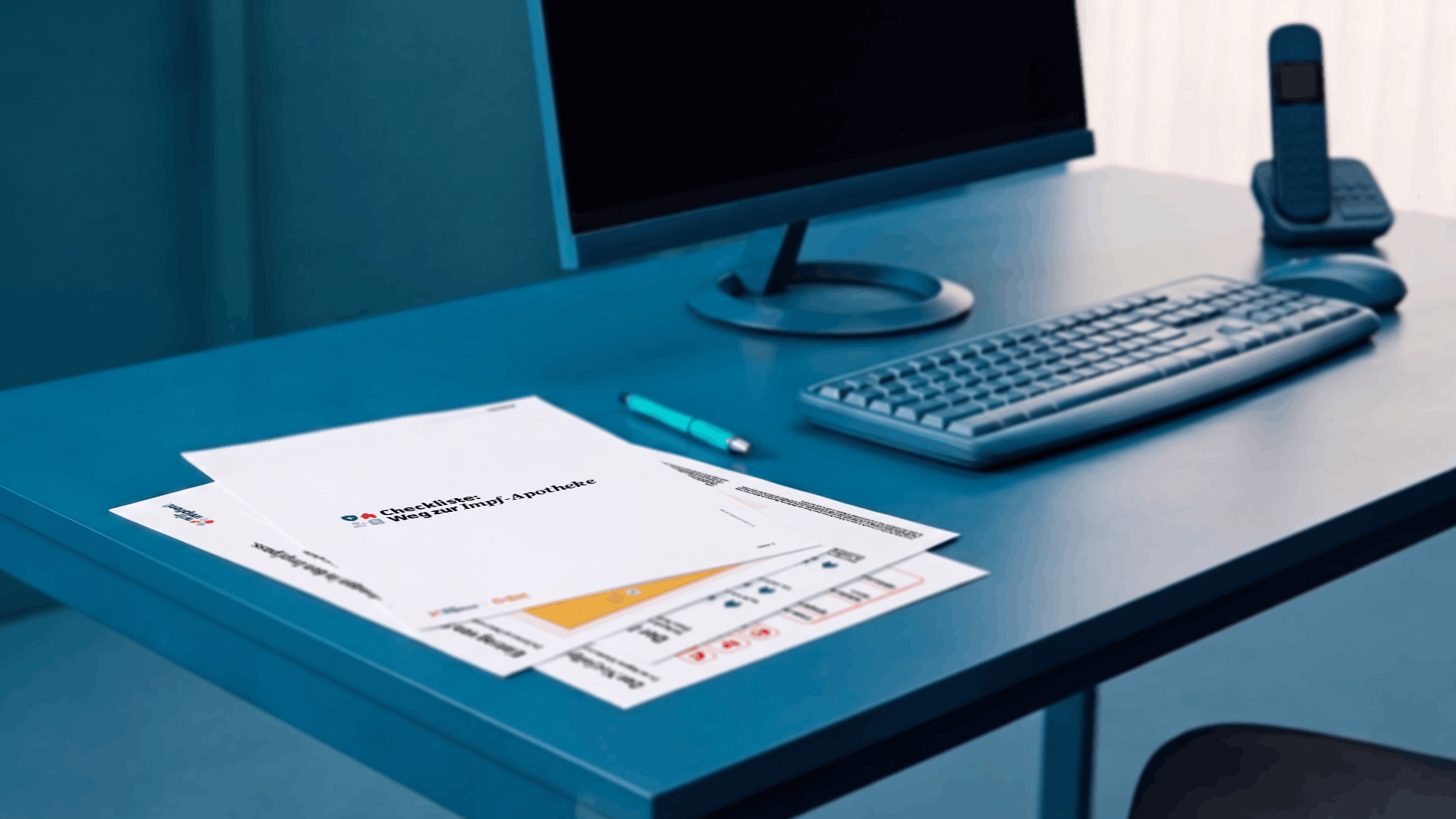 Stilisiertes Büro in Blau mit Schreibtisch. 